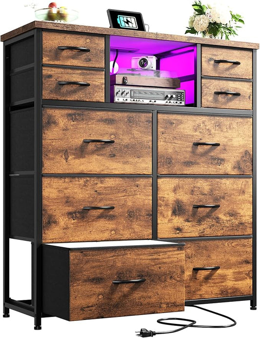 Dresser for Bedroom with 10 Drawers Featuring LED Light and Power Outlet, Fabric Dressers & Chest of Drawers with Open Shelves for Hallway, Living Room, Steel Frame,Wood Top, Rustic Brown