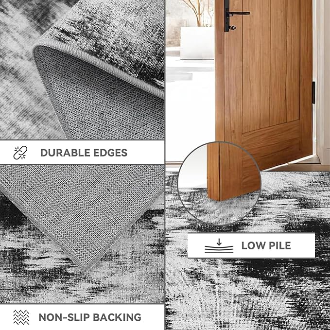 Machine Washable Runner Rug 2x6: Non Slip Hallway Rug Low Pile Kitchen Runner Soft Abstract Rug with Rubber Backing for Entryway Bedroom Bathroom Farmhouse Laundry Living Room Black White 2x6