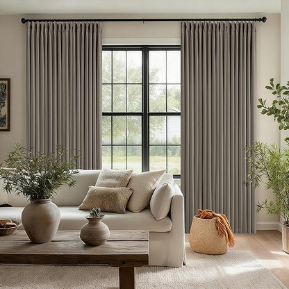 Desert Taupe Pinch Pleated Blackout Curtains 108 Inches Long for Bedroom 100% Black Out Thick Linen Dual Layer Pleated Drapes Farmhouse Country Brownish Gray 108 Inch Curtain for Dining Living Room