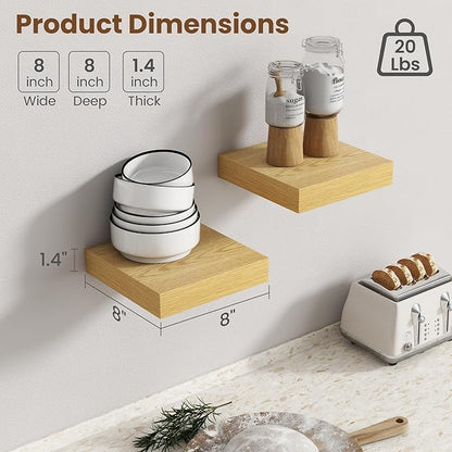 Axeman Square Floating Shelves for Wall, 8" W x 8" D x 1.4" H Rustic Wooden Wall Shelves, 4 Pack Wall Mounted Floating Shelf with Invisible Brackets for Living Room, Bathroom, Kitchen, Oak Color