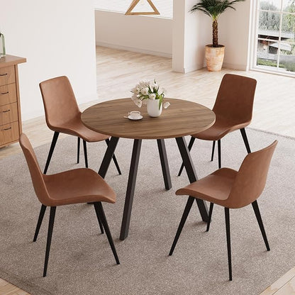 34.6'' Round Dining Table and Chairs for 4 Space Saving for Apartment Kitchen Dining Room (Walnut Table+4 Brown Chairs)