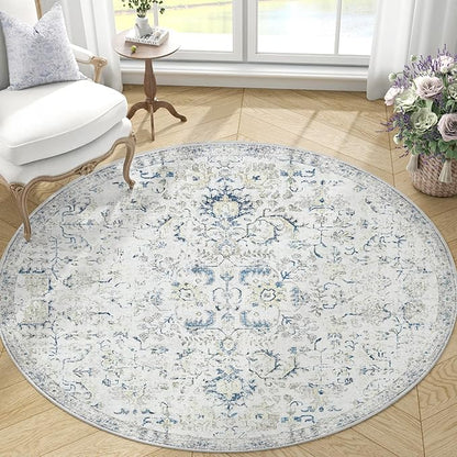 jinchan Kalen Round Rug 4ft Area Rug Washable Vintage Indoor Retro Accent Entryway Floor Cover Distressed Floral 4' Round Circle Boho Non Slip Thin Carpet for Bedroom Living Room Dining Room Blue