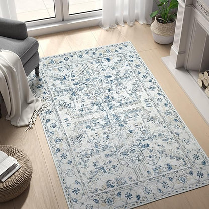 jinchan Lima Washable Area Rug 3x5 Entryway Rug - Distressed Vintage Floral Ultra-Thin Low-Pile Soft Non-Shedding Indoor Floor Carpet for Kitchen Bedroom Entrance Laundry Living Room (3x5ft, Blue)