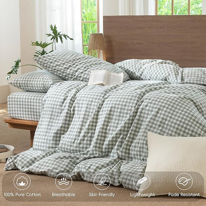 MooMee Gingham Duvet Cover Set 100% Washed Cotton Linen Like Textured Breathable Durable Soft Comfy Modern Checkered Design (Sage Green Gingham, Twin 68"x90")