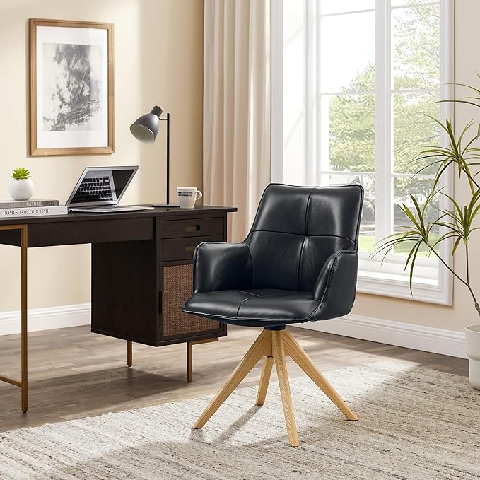 Art Leon Office Chair No Wheels - Mid Century Modern Swivel Desk Chair, Genuine Leather Upholstered Accent Chair with Oak Wood Legs for Small Space Living Room Bedroom, Black Blue