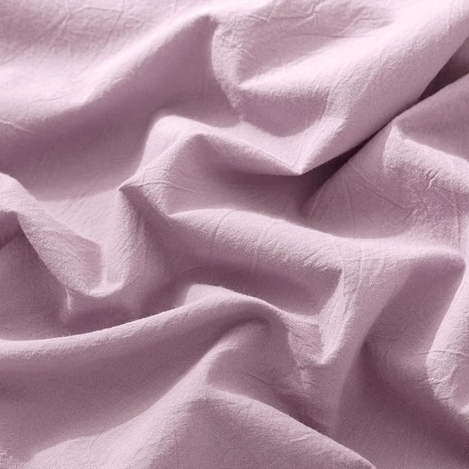 MooMee Fitted Bottom Sheet Only 100% Washed Cotton Linen Like Textured Breathable Durable Soft Comfy Deep Pocket Fits Mattress up to 17" (Light Purple, Twin)