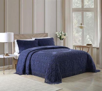 Beatrice Home Fashions Medallion Chenille Bedspread, King Sham, Navy