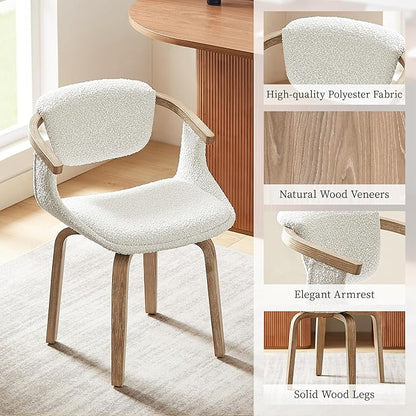 Art Leon Swivel Dining Chairs, Set of 2, Mid Century Modern Boucle Fabric Kitchen Dining Room Chair with Arms, Desk Chairs No Wheels, White