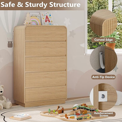 Tall Dresser for Bedroom with 5 Drawers, Fluted Chest of Drawers with Round Curved Corner, Hidden Handles, Modern Wood Storage Organizer for Bedroom, Nursery, Living Room