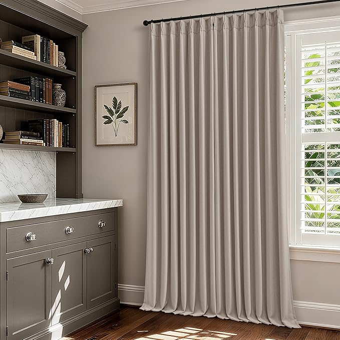 Greyish Beige Pleated Blackout Curtains 96 Inches Long 2 Panels Set for Dining Living Room Darkening Neutral Memory Shape Pinch Pleat Black Out Heavy Duty Thermal Insulated Curtain Drapes with Liner