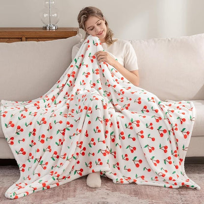 Berkshire Blanket-Classic Heavyweight Soft Printed VelvetLoft® Plush Throw Blanket, Cozy and Fuzzy, Cherries Toss White, 50in x 70in