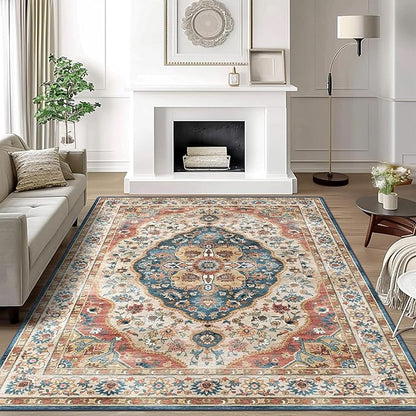 vivorug 4x6 Rug, Small Area Rug for Living Room, Bedroom, Kitchen, Machine Washable Non-Slip Throw Rug, Vintage Carpet for Entryway Nursery Coffee Table - Durable (Beige)