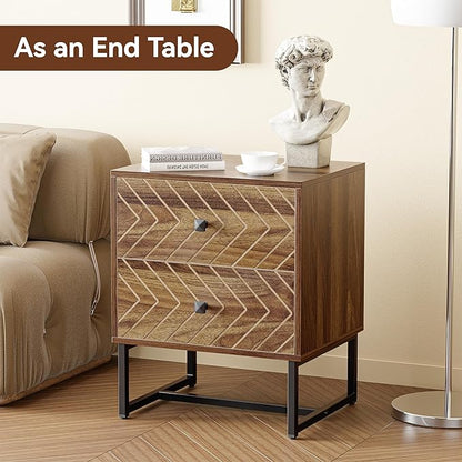 Modern Nightstand with Two Storable Drawers,Sturdy Bedside Table Space-Saving Night Stand with Black Metal Legs for Bedroom,Walnut