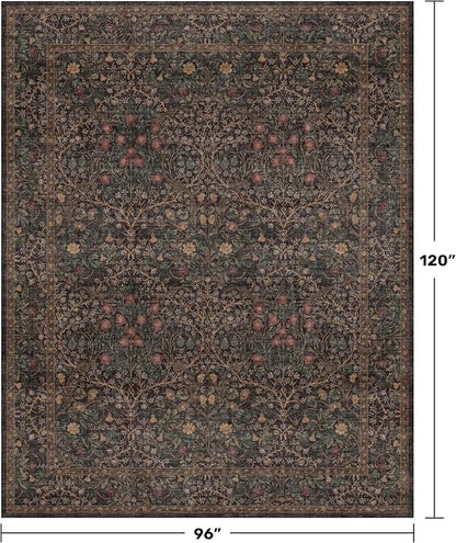 Vintage Dark Brown Washable 8x10 Living Room Rug, Non-Slip Large Area Rugs for Dining Room Under Table, Bedroom, Black Brown Floral Carpet with Deep Olive Accent, Low Pile Stain Resistant