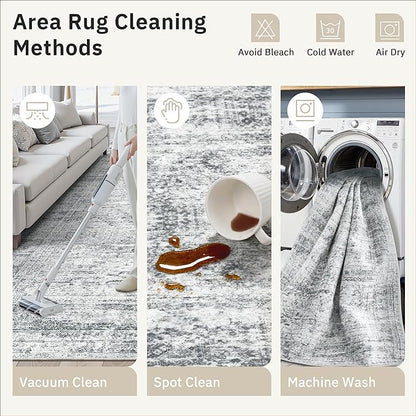 5x5 Grey Round Rug 5ft Living Room Circle Rug Vintage Gray Round Area Rug Non Slip Indoor Carpet for Entryway Dining Room Bedroom