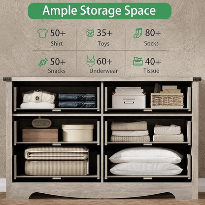 Dresser for Bedroom with 6 Drawers, 54" Wide Wood Chest of Drawers with Deep Drawers & Mental Handle, Modern Dresser TV Stand, Wooden Closet Storage Organizer for Living Room, Hallway, Entryway, Grey