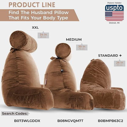Husband Pillow Medium Chocolate, Backrest for Kids, Teens, Petite Adults - Reading Pillows with Arms, Adjustable Loft, Plush Memory Foam, Bed Rest Chair Sitting Up, Detach Neck Roll, Removable Cover
