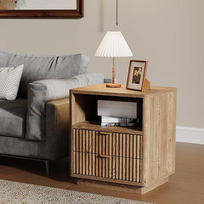 Fluted Nightstands Set of 2 - Walnut Nightstand with 2 Drawers & Open Shelves, 22" Wide Large Bedside Stand Modern Storage Wooden Side Tables for Bedroom (Natural Oak)