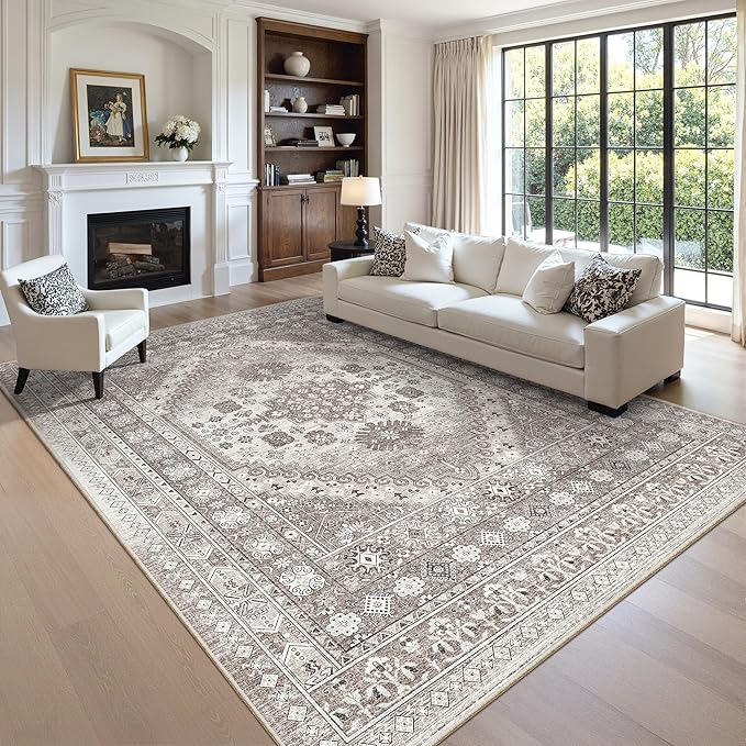 zesthome 10x12 Area Rugs,Stain Resistant Washable Rug,Ultra-Thin Rugs for Living Room,Bedroom,Non-Slip Backing Home Decor Large Area Rug (Brown/Beige,10'x12')