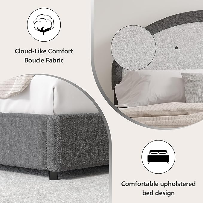 Twin Bed Frames with Headboard, Boucle Upholstered Platform Bed, Grey Bed Frame, Soft Rounded Corners, No Box Spring Needed, Easy Assembly