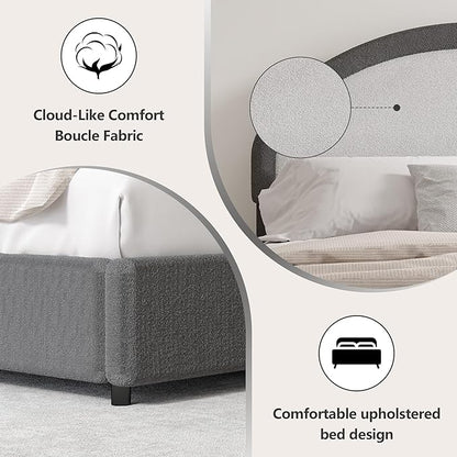 Full Size Bed Frame, Boucle Upholstered Platform Bed Frame with Headboard, Grey Bed Frame, Soft Rounded Corners, No Box Spring Required, Easy Assembly