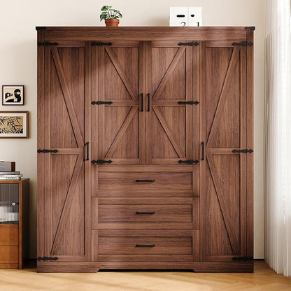 4 Door Armoire Wardrobe Closet Cabinet with 3 Drawers and Drawers, Farmhouse Bedroom Armoire with Hanging Rod and Adjustable Shelves, Large Capacity Storage Wardrobe Armoire for Bedroom, Brown
