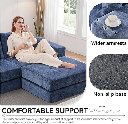Boneless Sectional Loveseat Couch with Ottoman, Convertible Tufted Button Modular Floor Sleeper Sofa Bed, Comfy Foldable Compression Love Seat Sofa for Living Room, No Assembly, Blue