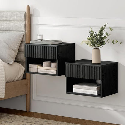 Floating TV Stands Set of 4 with Drawer and Open Shelf, Small Wall Mounted Bedside End Table, Modern Fluted Night Stand for Bedroom, Living Room, Black