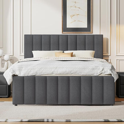 Bellemave Full Size Bed Frame with Twin Trundle Bed and Storage Drawers,Linen Upholstered Bed Frame,Full Size Trundle Bed with Adjustable Headboard for Kids Teens Adults,Gray