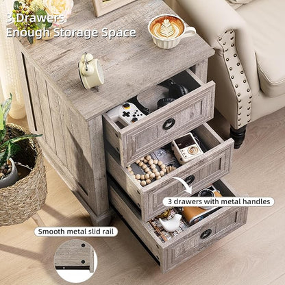 18" Farmhouse Night Stand with 3 Drawers, Wood End Table Dresser for Bedroom, Retro Oak Nightstand, Bed Side Table with Metal Handle, Bedside Cabinet for Bedroom Living Room, Closet