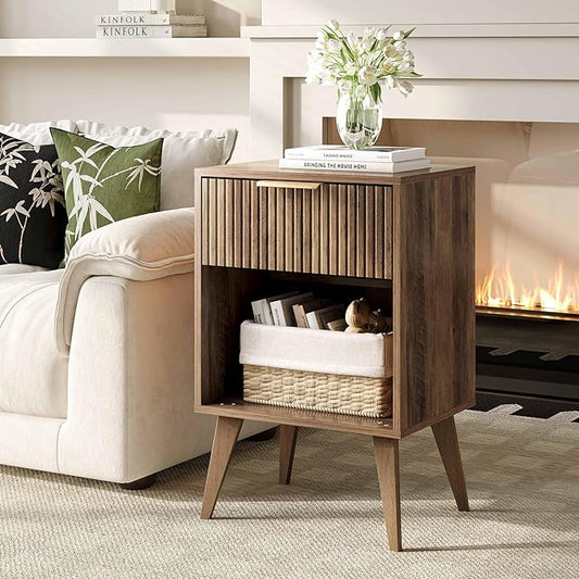 Fluted Night Stand with Opening Storage,Mid Century Bedside Table with Drawer,Wood Nightstand with Legs,End Table Side Table for Living Room,Bedroom,Caramel Oak 11.8"Dx15.7Wx 25.2"H CTG56BR