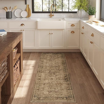 Fmfunctex 2x6 Runner Rug Brown Vintage Neutral Washable Distressed Non Slip Low Pile Indoor Carpet Soft Retro Floral Hallway Entryway Rug for Kitchen Living Room Bedroom Bathroom Laundry Entry Bedside