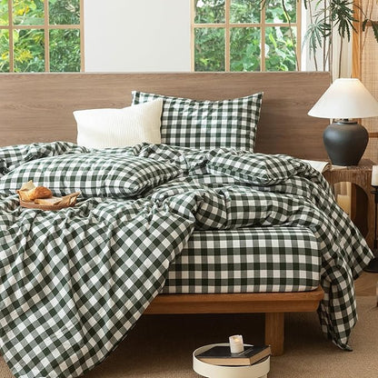 MooMee Gingham Duvet Cover Set 100% Washed Cotton Linen Like Textured Breathable Durable Soft Comfy Modern Checkered Design (Buffalo Plaid Forest Green, Palatial King/Oversized King 120"x98")
