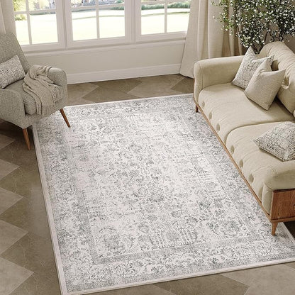 Gray Area Rug 3x4 Office Entryway Rug Machine Washable Kitchen Vintage Distressed Non Slip Carpet Indoor Grey Retro Floral Accent Throw Door Mat for Bathroom Bedroom Dining Living Room