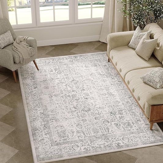 Gray Area Rug 4x6 Office Entryway Rug Machine Washable Kitchen Vintage Distressed Non Slip Carpet Indoor Grey Retro Floral Accent Throw Door Mat for Bathroom Bedroom Dining Living Room