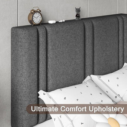 Upholstered Twin Size Bed Frame with Linen Fabric Headboard, Strong Wooden Slats Support, Noise Free, No Box Spring Needed, Dark Grey