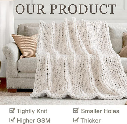 Chunky Knit Throw Blanket 50"X 60", 100% Handmade with Soft Chenille Yarn, 4.4lbs Thick Cable Knitted Blankets, Large Rope Knot Crochet Throws for Couch Sofa Bed Home Decor, Cream White