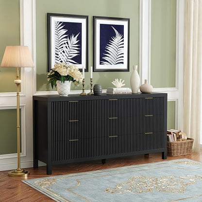 Modern Chest of Drawers with 9 Drawers, Modern Chest of Drawers for Closet, Large Storage Cabinet with Solid Natural Wood Legs for Living Room, Bedroom,Hallway, Black Oak