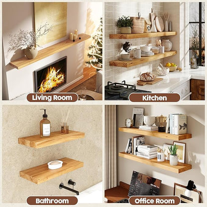 fuqing Floating Shelves for Wall, 48 inch Rustic Solid Elm Wood Floating Shelves, Wooden Wall Shelves with Invisible Heavy Duty Brackets for Living Room, Bedroom, Kitchen, Bathroom, 1 Pack, Natural