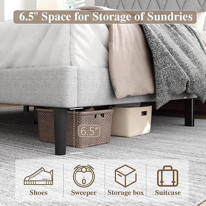 Full Size Bed Frame with Diamond Tufted Headboard, Linen Upholstered Platform Bed and Wooden Slat Support, Noise-Free, No Box Spring Needed, Easy Assembly, Light Grey