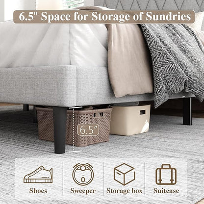 Full Size Bed Frame with Diamond Tufted Headboard, Linen Upholstered Platform Bed and Wooden Slat Support, Noise-Free, No Box Spring Needed, Easy Assembly, Light Grey