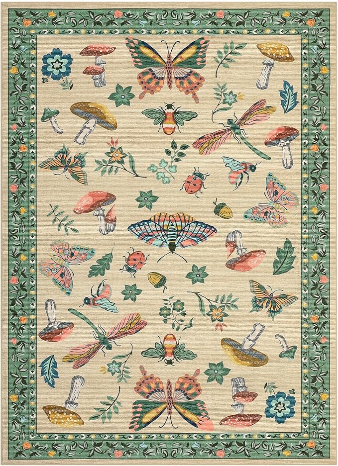 Mushroom 3x5 Area Rug Washable Non-Slip Small Indoor Rugs for Entryway with Rubber Back Soft Low-Pile Carpet for Kitchen Bedroom Living Room Mat Khaki Green