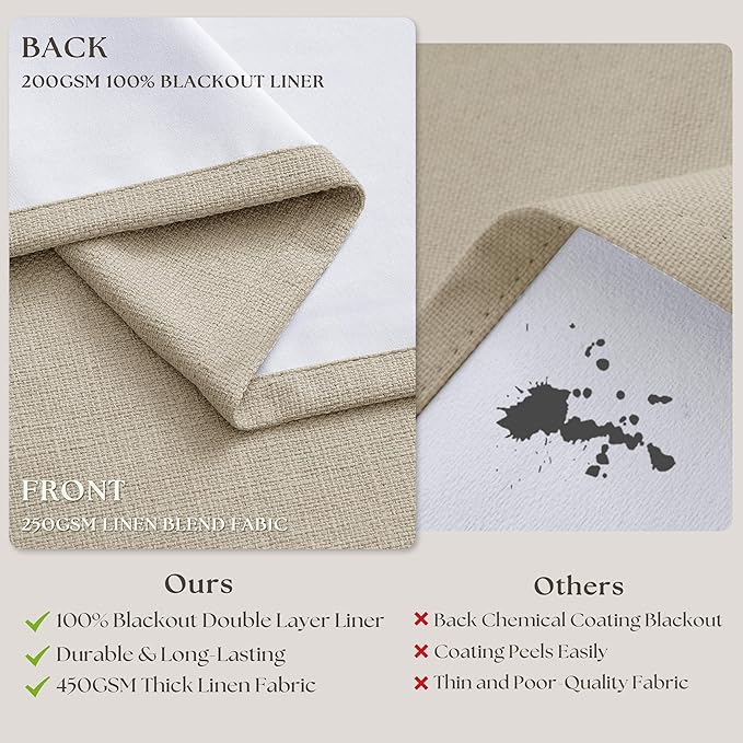 Oatmeal Pinch Pleated 100% Blackout Linen Curtains 100 Inch Length 2 Panels Pinch Pleat Curtains Black Out Light Blocking Room Darkening Drapes with Liner for Bedroom Living Room Window Cream Beige