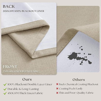 Memory Trained Pinch Pleated 100% Blackout Linen 86 Inch Curtains for Bedroom Room Darkening Light Blocking Beige Tan Window Curtain 80 Inches Long Living Room Black Out Pleat Drapes Dual Layer