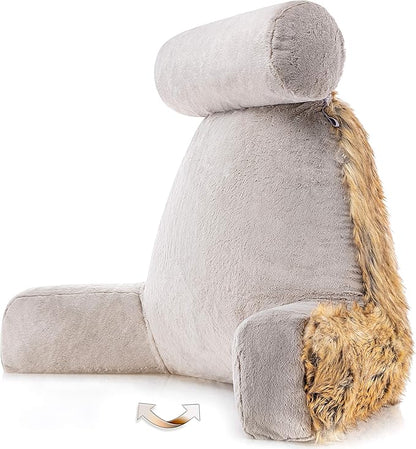 Husband Pillow XXL Ultra Rare Baby Amber Fox Fabulous Faux Fur Backrest, Two-Tone Reversible Double Sided Reading & Bed Rest Pillow with Arms & Neck Roll, Adjustable Memory Foam - Extremely Comfy