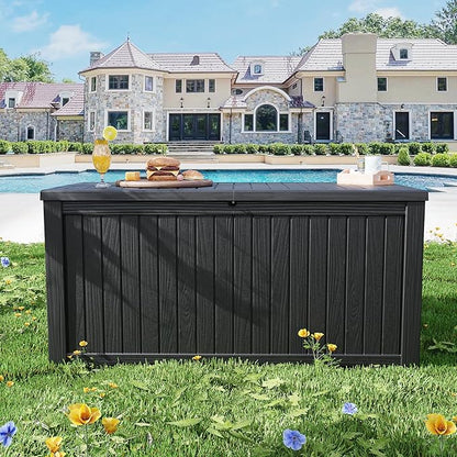 Outdoor Storage Box Waterproof Large, 180 Gallon Lockable Resin Deck Box, Patio Storage Bin for Pool Accessories Cushion Furniture, Garden Tools, UV-Resistant Outside Delivery, Black