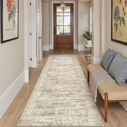 Washable Runner Rug, 2'6" x 8' Non-Slip Kitchen Vintage Foldable Hallway Runners for Entryway, Laundry, Bedroom, Brown