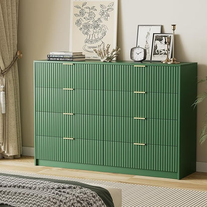 Green Dresser for Bedroom, Modern Dresser with 8 Drawers and Smooth Slides, Wide Chest of Drawers with Golden Handles for Bedroom, Closet, 15.7" D x 55" W x 37.4" H