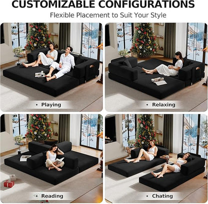 78.8" Convertible Sofa Bed,Corduroy Futon Couch with Storage Pocket,Folding Pull Out Futon Sofa, No Assembly Boneless Couch for Living Room,Black