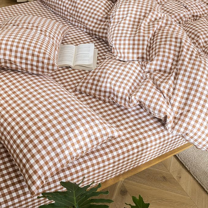 MooMee Gingham Duvet Cover Set 100% Washed Cotton Linen Like Textured Breathable Durable Soft Comfy Modern Checkered Design (Dark Orange Gingham, Twin 68"x90")